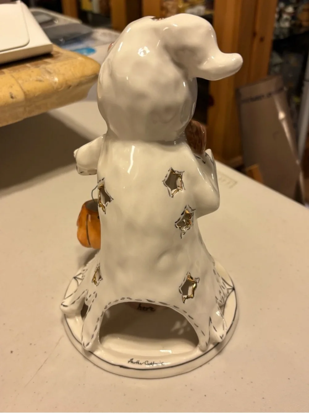 Blue sky White Ceramic Bear Ghost with Orange Pumpkin Bucket - Home Accent.